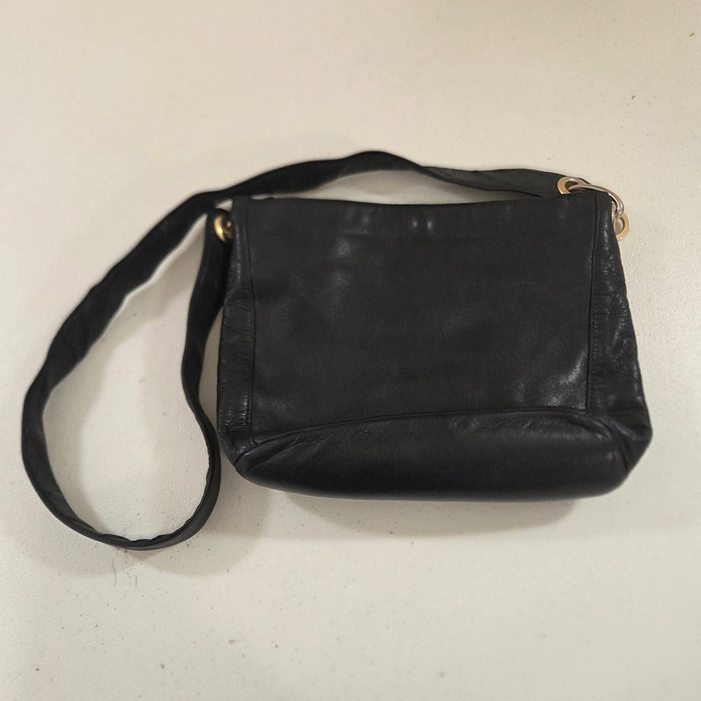 Perlina New York Black Leather Shoulder Bag Vintage Gold Hardware Crossbody‎